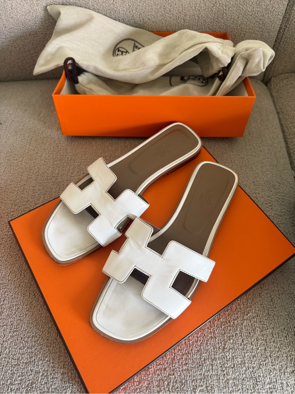Hermes White Oran H-Logo Leather Slide Sandals